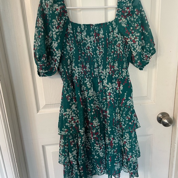Green floral dress layered w/sheer sleeves size L worn once - Picture 7 of 7